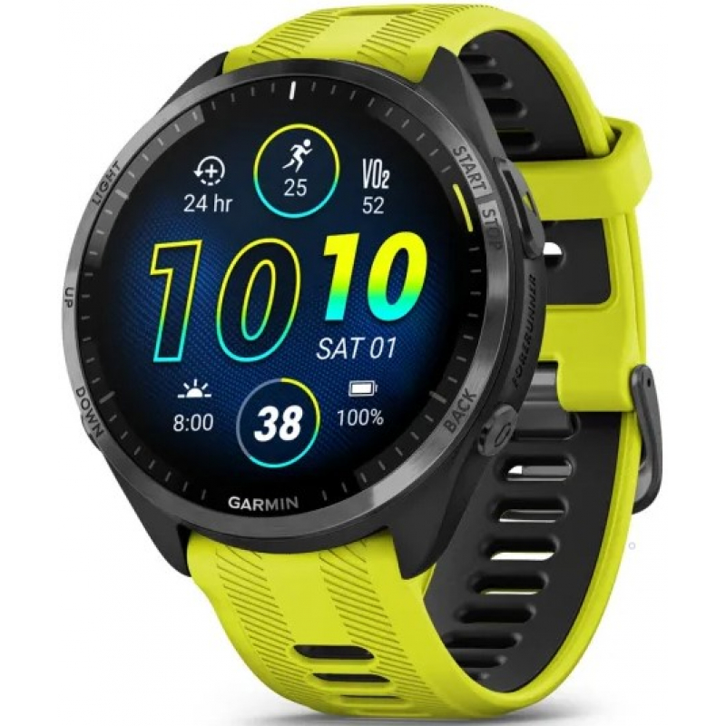 Garmin Forerunner 965 Carbon Gray DLC Titanium Bezel/Black Case and Amp Yellow/Black Silicone Band